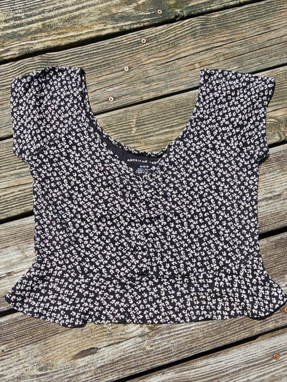 American Eagle Outfitters Black White Ditsy Floral Peplum Top Medium